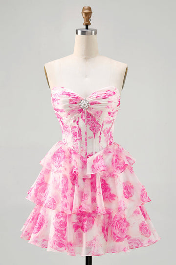 A-Line Strapless Corset Tiered Fuchsia Floral Short Prom Dress